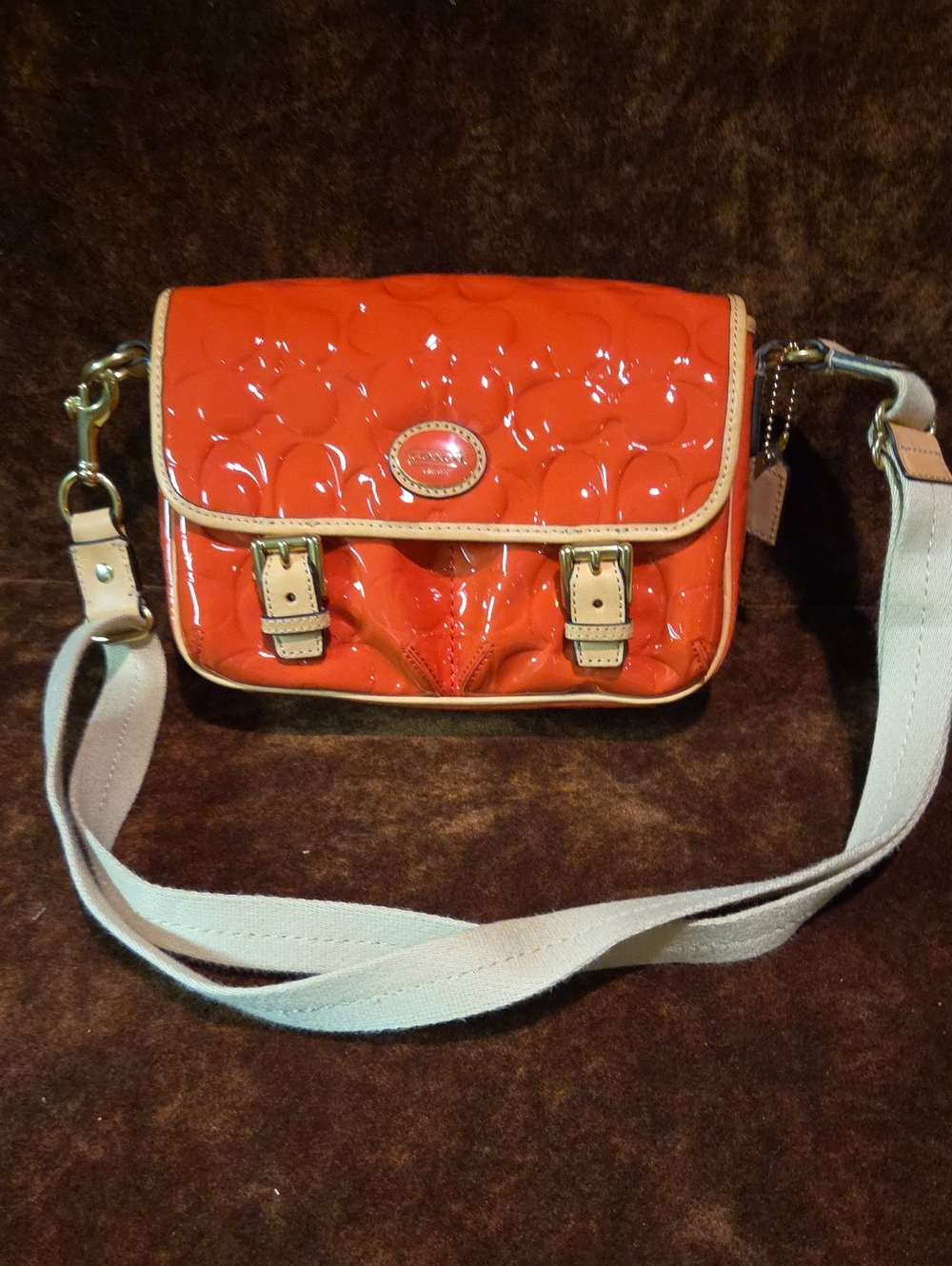 Coach Patent Leather Crossbody Bag in Orange with Contrast Trim
